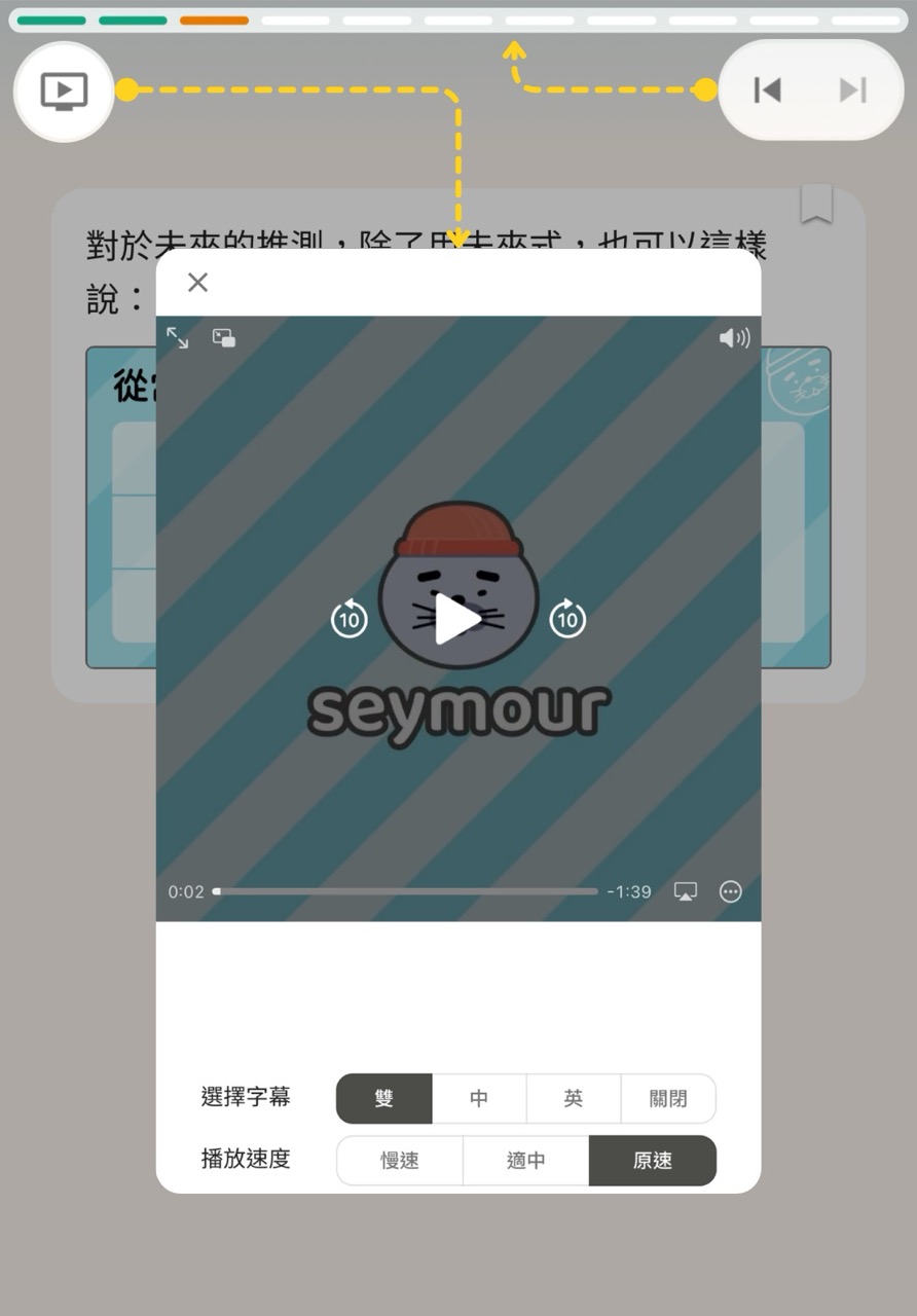 導覽列模式及影片播放功能 (圖：Seymour 課程介面)